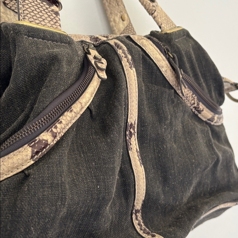 Vintage THEORY denim/canvas genuine snake skin slouchy shoulder bag - Picture 3 of 9